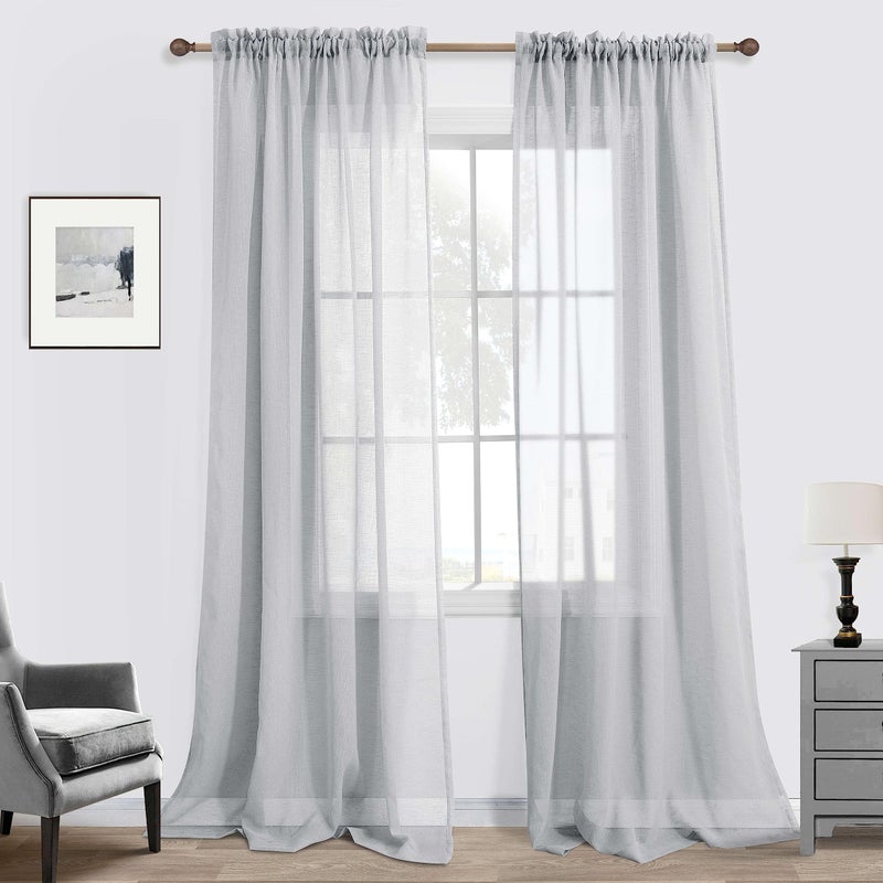 KOUFALL Grey Curtains 84 Inches Long for Bedroom Set 2 Panels Pair Rod Pocket Window Translucent Faux Linen Drapes Light Filtering Semi Sheer Gray Opaque Curtains for Living Room 52x84 Inch Length - Image 1